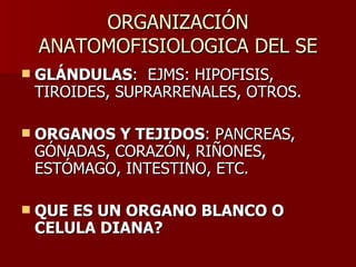 ORGANIZACIÓN ANATOMOFISIOLOGICA DEL SE GLÁNDULAS :  EJMS: HIPOFISIS, TIROIDES, SUPRARRENALES, OTROS. ORGANOS Y TEJIDOS : PANCREAS, GÓNADAS, CORAZÓN, RIÑONES, ESTÓMAGO, INTESTINO, ETC. QUE ES UN ORGANO BLANCO O CELULA DIANA? 