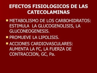 EFECTOS FISIOLOGICOS DE LAS CATECOLAMINAS METABOLISMO DE LOS CARBOHIDRATOS: ESTIMULA  LA GLUCOGENOLISIS, LA GLUCONEOGENESIS. PROMUEVE LA LIPOLISIS. ACCIONES CARDIOVASCULARES: AUMENTA LA FC, LA FUERZA DE CONTRACCION, GC, Pa. 