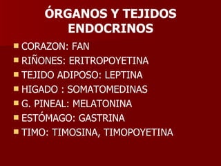 ÓRGANOS Y TEJIDOS ENDOCRINOS CORAZON: FAN RIÑONES: ERITROPOYETINA TEJIDO ADIPOSO: LEPTINA HIGADO : SOMATOMEDINAS G. PINEAL: MELATONINA ESTÓMAGO: GASTRINA TIMO: TIMOSINA, TIMOPOYETINA 