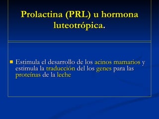 Prolactina (PRL) u hormona luteotrópica . Estimula el desarrollo de los  acinos mamarios  y estimula la  traducción  del los  genes  para las  proteínas  de la  leche   