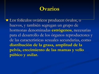 Ovarios Los folículos ováricos producen óvulos, o huevos, y también segregan un grupo de hormonas denominadas  estrógenos , necesarias para el desarrollo de los órganos reproductores y de las características sexuales secundarias, como  distribución de la grasa, amplitud de la pelvis, crecimiento de las mamas y vello púbico y axilar. 