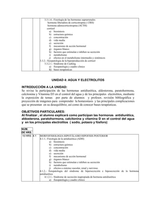 3.3.1.4.- Fisiología de las hormonas suprarrenales
                       hormona liberadora de corticotropina ( CRH)
                       hormona adenocorticotropina (ACTH)
                      cortisol
                        a) biosíntesis
                        b) estructura química
                        c) concentración
                        d) vida media
                        e) secreción
                        f) mecanismo de acción hormonal
                        g) órganos blanco
                        h) factores que estimulan e inhiben su secreción
                        i) metabolismo
                        j) efectos en el metabolismo intermedio y sistémicos
              3.3.2.- fisiopatología de la hiperproducción de cortisol
                   3.3.2.1.- Síndrome de Cushing
                        a) fisiopatología y cuadro clínico
                        b) bases terapéuticas



                         UNIDAD 4: AGUA Y ELECTROLITOS

INTRODUCCIÓN A LA UNIDAD:
Se revisa la participación de las hormonas antidiurética, aldosterona, paratohormona,
calcitonina y Vitamina D3 en el control del agua y de los principales electrolitos, mediante
la exposición de temas por parte de alumnos y profesor, revisión bibliográfica y
proyección de imágenes para comprender la homeostasis y las principales complicaciones
que se presentan en su desequilibrio; así como de conocer bases terapéuticas.

OBJETIVOS PARTICULARES:
Al finalizar , el alumno explicará como participan las hormonas antidiurética,
aldosterona, paratohormona, calcitonina y vitamina D en el control del agua
y en los principales electrolitos ( sodio, potasio y fósforo)

NUM.
DE HRS.
10 HRS 4.1    MORFOFISIOLOGIA HIPOTÁLAMO HIPOFISIS POSTERIOR
              4.1.1.- Fisiología de la antidiurética (ADH)
                        a) biosíntesis
                        b) estructura química
                        c) concentración
                        d) vida media
                        e) secreción
                        f) mecanismo de acción hormonal
                        g) órganos blanco
                        h) factores que estimulan e inhiben su secreción
                        i) metabolismo
                        j) efectos a sistema vascular, renal y nervioso
              4.1.2.- fisiopatología del síndrome de hipersecreción e hiposecreción de la hormona
              antidiurética
                   4.1.2.1.- Síndrome de secreción inapropiada de hormona antidiurética
                        a) fisiopatología y cuadro clínico
 