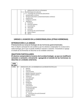j) influencia de la luz en su biosíntesis
              5.1.3.- Morfofisiologia de la placenta
                   5.1.3.1.- Fisiología de las hormonas placentarias
                        gonadotropina coriónica
                        lactógeno placentario (somatomamotropina coriónica)
                        progesterona
                        estrógenos (estriol)
                        andrógenos
                      a) biosíntesis
                      b) estructura química
                      c) concentración
                      d) vida media
                      e) secreción
                      f) mecanismo de acción hormonal
                      g) órganos blanco
                      h) efectos



   UNIDAD 6: AVANCES EN LA ENDOCRINOLOGIA (OTRAS HORMONAS)

INTRODUCCIÓN A LA UNIDAD:
Prácticamente se revisa la fisiología de las hormonas gastrointestinales.
Pero el objetivo principal de esta unidad es que los alumnos comprendan los avances de la
endocrinología, por lo que se puede modificar semestre a semestre. Únicamente se agrega
el estudio de las hormonas no descritas en las unidades anteriores.

OBJETIVOS PARTICULARES:
El alumno comprenderá el avance de la endocrinología ya que se modificará
semestre a semestre, únicamente agregando el estudio de las hormonas no
descritas en unidades anteriores.

 NUM.
DE HRS.
5 HRS 6.1     FISIOLOGÍA DE LAS HORMONAS GASTROINTESTINALES
                     gastrina
                     secretina
                     colecistocinina
                     péptido intestinal vasoactivo
                     péptido inhibidor gástrico
                     sustancia P
                     enteroglucagon
                     neurotensina
                     motilina
                     bombesina
                     encefalinas
                     a) biosíntesis
                     b) estructura química
                     c) concentración
                     d) vida media
                     e) secreción
                     f) mecanismo de acción hormonal
                     g) órganos blanco
                     h) efectos
 