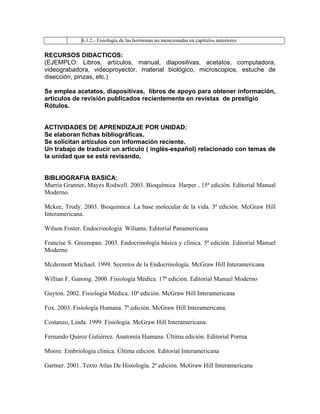 6.1.2.- Fisiología de las hormonas no mencionadas en capítulos anteriores

RECURSOS DIDACTICOS:
(EJEMPLO: Libros, artículos, manual, diapositivas, acetatos, computadora,
videograbadora, videoproyector, material biológico, microscopios, estuche de
disección, pinzas, etc.)

Se emplea acetatos, diapositivas, libros de apoyo para obtener información,
artículos de revisión publicados recientemente en revistas de prestigio
Rótulos.


ACTIVIDADES DE APRENDIZAJE POR UNIDAD:
Se elaboran fichas bibliográficas.
Se solicitan artículos con información reciente.
Un trabajo de traducir un articulo ( inglés-español) relacionado con temas de
la unidad que se está revisando.


BIBLIOGRAFIA BASICA:
Murria Granner, Mayes Rodwell. 2003. Bioquímica Harper . 15ª edición. Editorial Manual
Moderno.

Mckee, Trudy. 2003. Bioquímica. La base molecular de la vida. 3ª edición. McGraw Hill
Interamericana.

Wilson Foster. Endocrinología Wiliams. Editorial Panamericana

Francise S. Greenspan. 2003. Endocrinología básica y clínica. 5ª edición. Editorial Manuel
Moderno

Mcdermott Michael. 1999. Secretos de la Endocrinología. McGraw Hill Interamericana

Willian F. Ganong. 2000. Fisiología Médica. 17ª edición. Editorial Manuel Moderno

Guyton. 2002. Fisiología Médica. 10ª edición. McGraw Hill Interamericana

Fox. 2003. Fisiología Humana. 7ª edición. McGraw Hill Interamericana.

Costanzo, Linda. 1999. Fisiología. McGraw Hill Interamericana.

Fernando Quiroz Gutiérrez. Anatomía Humana. Última edición. Editorial Porrua

Moore. Embriología clínica. Última edición. Editorial Interamericana

Gartner. 2001. Texto Atlas De Histología. 2ª edición. McGraw Hill Interamericana
 