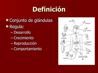 DefiniciónDefinición
 Conjunto de glándulasConjunto de glándulas
 Regula:Regula:
– DesarrolloDesarrollo
– CrecimientoCrecimiento
– ReproducciónReproducción
– ComportamientoComportamiento
 