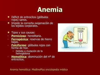 AnemiaAnemia
 Déficit de eritrocitos (glóbulos rojos)Déficit de eritrocitos (glóbulos rojos)
sanos.sanos.
 Impide la correcta oxigenación deImpide la correcta oxigenación de
los tejidos corporales.los tejidos corporales.
 Tipos y sus causas:Tipos y sus causas:
- PerniciosaPerniciosa: hereditaria.: hereditaria.
- FerropénicaFerropénica: reservas de hierro: reservas de hierro
bajas.bajas.
- FalciformeFalciforme : glóbulos rojos con: glóbulos rojos con
forma de hoz.forma de hoz.
- Debida a mutación de laDebida a mutación de la
hemoglobinahemoglobina
- HemolíticaHemolítica : disminución del nº de: disminución del nº de
eritrocitos.eritrocitos.
Anemia hemolítica:Anemia hemolítica: MedlinePlusMedlinePlus enciclopedia médicaenciclopedia médica
 