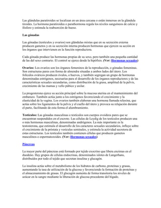 Las glándulas paratiroides se localizan en un área cercana o están inmersas en la glándula
tiroides. La hormona paratiroidea o parathormona regula los niveles sanguíneos de calcio y
fósforo y estimula la reabsorción de hueso.
Las gónadas
Las gónadas (testículos y ovarios) son glándulas mixtas que en su secreción externa
producen gametos y en su secreción interna producen hormonas que ejercen su acción en
los órganos que intervienen en la función reproductora.
Cada gónada produce las hormonas propias de su sexo, pero también una pequeña cantidad
de las del sexo contrario. El control se ejerce desde la hipófisis. (Ver: Hormonas sexuales)
Ovarios: Los ovarios son los órganos femeninos de la reproducción, o gónadas femeninas.
Son estructuras pares con forma de almendra situadas a ambos lados del útero. Los
folículos ováricos producen óvulos, o huevos, y también segregan un grupo de hormonas
denominadas estrógenos, necesarias para el desarrollo de los órganos reproductores y de las
características sexuales secundarias, como distribución de la grasa, amplitud de la pelvis,
crecimiento de las mamas y vello púbico y axilar.
La progesterona ejerce su acción principal sobre la mucosa uterina en el mantenimiento del
embarazo. También actúa junto a los estrógenos favoreciendo el crecimiento y la
elasticidad de la vagina. Los ovarios también elaboran una hormona llamada relaxina, que
actúa sobre los ligamentos de la pelvis y el cuello del útero y provoca su relajación durante
el parto, facilitando de esta forma el alumbramiento.
Testículos: Las gónadas masculinas o testículos son cuerpos ovoideos pares que se
encuentran suspendidos en el escroto. Las células de Leydig de los testículos producen una
o más hormonas masculinas, denominadas andrógenos. La más importante es la
testosterona, que estimula el desarrollo de los caracteres sexuales secundarios, influye sobre
el crecimiento de la próstata y vesículas seminales, y estimula la actividad secretora de
estas estructuras. Los testículos también contienen células que producen gametos
masculinos o espermatozoides. (Ver: Hormonas sexuales)
Páncreas
La mayor parte del páncreas está formado por tejido exocrino que libera enzimas en el
duodeno. Hay grupos de células endocrinas, denominados islotes de Langerhans,
distribuidos por todo el tejido que secretan insulina y glucagón.
La insulina actúa sobre el metabolismo de los hidratos de carbono, proteínas y grasas,
aumentando la tasa de utilización de la glucosa y favoreciendo la formación de proteínas y
el almacenamiento de grasas. El glucagón aumenta de forma transitoria los niveles de
azúcar en la sangre mediante la liberación de glucosa procedente del hígado.
 
