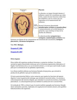 Placenta
La placenta, un órgano formado durante el
embarazo a partir de la membrana que rodea
al feto, asume diversas funciones endocrinas
de la hipófisis y de los ovarios que son
importantes en el mantenimiento del
embarazo.
Secreta la hormona denominada
gonadotropina coriónica (o gonadotrofina)
, sustancia presente en la orina durante la
gestación y que constituye la base de las
pruebas de embarazo.
La placenta produce progesterona y
estrógenos, somatotropina coriónica (una
hormona con algunas de las características de la hormona del crecimiento), lactógeno
placentario y hormonas lactogénicas.
Ver: PSU: Biología;
Pregunta 07_2006
Pregunta 05_2007
Otros órganos
Otros tejidos del organismo producen hormonas o sustancias similares. Los riñones
secretan un agente denominado renina que activa la hormona angiotensina elaborada en el
hígado. Esta hormona eleva a su vez la tensión arterial, y se cree que es provocada en gran
parte por la estimulación de las glándulas suprarrenales.
Los riñones también elaboran una hormona llamada eritropoyetina, que estimula la
producción de glóbulos rojos por la médula ósea.
El tracto gastrointestinal fabrica varias sustancias que regulan las funciones del aparato
digestivo, como la gastrina del estómago, que estimula la secreción ácida, y la secretina y
colescistoquinina del intestino delgado, que estimulan la secreción de enzimas y hormonas
pancreáticas. La colecistoquinina provoca también la contracción de la vesícula biliar.
En la década de 1980, se observó que el corazón también segregaba una hormona, llamada
factor natriurético auricular, implicada en la regulación de la tensión arterial y del equilibrio
hidroelectrolítico del organismo.
 