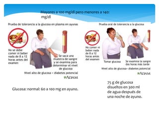 Glucosa: normal: 60 a 100 mg en ayuno.
Mayores a 100 mg/dl pero menores a 140:
mg/dl
75 g de glucosa
disueltos en 300 ml
de agua después de
una noche de ayuno.
 