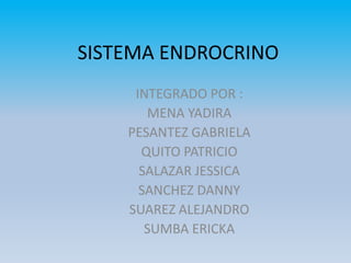 SISTEMA ENDROCRINO
INTEGRADO POR :
MENA YADIRA
PESANTEZ GABRIELA
QUITO PATRICIO
SALAZAR JESSICA
SANCHEZ DANNY
SUAREZ ALEJANDRO
SUMBA ERICKA
 