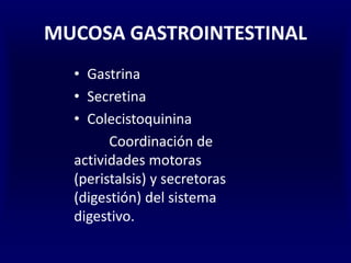 MUCOSA GASTROINTESTINAL
• Gastrina
• Secretina
• Colecistoquinina
Coordinación de
actividades motoras
(peristalsis) y secretoras
(digestión) del sistema
digestivo.
 
