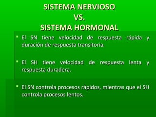 SISTEMA NERVIOSOSISTEMA NERVIOSO
VS.VS.
SISTEMA HORMONALSISTEMA HORMONAL
 El SN tiene velocidad de respuesta rápida yEl SN tiene velocidad de respuesta rápida y
duración de respuesta transitoria.duración de respuesta transitoria.
 El SH tiene velocidad de respuesta lenta yEl SH tiene velocidad de respuesta lenta y
respuesta duradera.respuesta duradera.
 El SN controla procesos rápidos, mientras que el SHEl SN controla procesos rápidos, mientras que el SH
controla procesos lentos.controla procesos lentos.
 