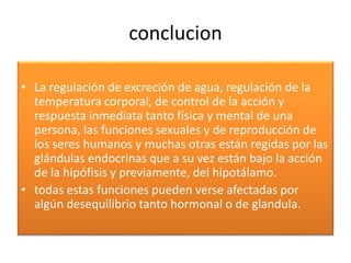 conclucion
• La regulación de excreción de agua, regulación de la
temperatura corporal, de control de la acción y
respuesta inmediata tanto física y mental de una
persona, las funciones sexuales y de reproducción de
los seres humanos y muchas otras están regidas por las
glándulas endocrinas que a su vez están bajo la acción
de la hipófisis y previamente, del hipotálamo.
• todas estas funciones pueden verse afectadas por
algún desequilibrio tanto hormonal o de glandula.
 