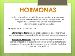 Son producidas por el sistema endocrino, y se encargan
fundamentalmente de ser los medidores químicos del
organismo. Cumplen una función metabólica en
determinados órganos o células.
 Algunas son producidas por:
Glándulas Endocrinas: órganos endocrinos que liberan sus
secreciones hormonales directamente en el torrente sanguíneo.
Glándulas Exocrinas: órganos endocrinos que liberan sus
secreciones sobre la superficie interna o externa de los tejidos
cutáneos, la mucosa del estomago o el revestimiento de los
conductos pancreáticos.
 