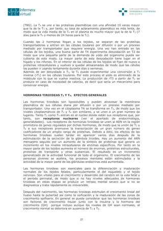 27
(TBG). La T4 se une a las proteínas plasmáticas con una afinidad 10 veces mayor
que la de la T3 y, por tanto, su tasa de aclaramiento plasmático es más lenta, de
modo que la vida media de la T4 en el plasma es mucho mayor que la de la T3 (7
días para la T4 y menos de 24 horas para la T3).
Cuando las 2 hormonas llegan a los tejidos, se separan de las proteínas
transportadoras y entran en las células tisulares por difusión o por un proceso
mediado por transportador que requiere energía. Una vez han entrado en las
células de los tejidos, una buena parte de T4 experimenta desyodación en T3 de
modo que una pequeña parte de la demanda de yodo del organismo puede ser
cubierta de este modo. La mayor parte de esta desyodación tiene lugar en el
hígado y los riñones. En el interior de las células de los tejidos se fijan de nuevo a
proteínas intracelulares y vuelven a quedar almacenadas de modo que las células
las pueden ir usando lentamente durante días o semanas.
Además de ser desyodada a T3, la T4 puede experimentar una conversión a T3
inversa (rT3) en las células tisulares. Por este proceso el yodo es eliminado de la
molécula con lo que se vuelve inactiva. La producción de rT3 a partir de T4 se
produce en caso de necesidad de calorías, es decir que sería un mecanismo para
conservar energía.
HORMONAS TIROIDEAS T3 Y T4. EFECTOS GENERALES
Las hormonas tiroideas son liposolubles y pueden atravesar la membrana
plasmática de sus células diana por difusión o por un proceso mediado por
transportador. Una vez en el citoplasma T4 se transforma en T3, de modo que los
niveles citoplasmáticos de T3 y T4 son similares, y se unen a un gran número de
lugares. Tanto T3 como T4 entran en el núcleo donde están sus receptores que, por
tanto, son receptores nucleares (ver el apartado de endocrinologia,
generalidades). Los receptores de hormonas tiroideas se unen al ADN en la región
promotora de genes regulados por dichas hormonas, de modo que la unión de T3 y
T4 a sus receptores promueve la transcripción de un gran número de genes
codificadores de un amplio rango de proteínas. Debido a ésto, los efectos de las
hormonas tiroideas suelen tardar en aparecer varios días después de la
estimulación de la secreción de la glándula tiroides. Hay un aumento del ARN
mensajero seguido por un aumento de la síntesis de proteínas que genera un
incremento en los niveles intracelulares de enzimas específicos. Por tanto en la
mayor parte de los tejidos aumenta el número de enzimas, proteínas estructurales,
proteínas de transporte y otras sustancias. El resultado es un incremento
generalizado de la actividad funcional de todo el organismo. El crecimiento de las
personas jóvenes se acelera, los procesos mentales están estimulados y la
actividad de la mayor parte de las glándulas endocrinas está aumentada.
Las hormonas tiroideas son esenciales para la diferenciación y maduración
normales de los tejidos fetales, particularmente el del esqueleto y el tejido
nervioso. Son vitales para el crecimiento y desarrollo del cerebro en la vida fetal y
el período perinatal, de modo que si no hay niveles adecuados de hormonas
tiroideas en estas etapas se produce un retraso mental severo que si no se
diagnostica y trata rápidamente es irreversible.
Después del nacimiento, las hormonas tiroideas estimulan el crecimiento lineal del
hueso hasta la pubertad así como la osificación y la maduración de las zonas de
crecimiento epifisario. En general se puede considerar que las hormonas tiroideas
son factores de crecimiento tisular junto con la insulina y la hormona del
crecimiento (GH) porque incluso aunque los niveles de GH sean normales, el
crecimiento normal se deteriora en ausencia de T3 y T4.
 