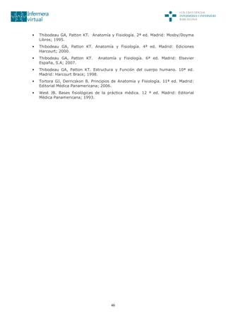 46
• Thibodeau GA, Patton KT. Anatomía y Fisiología. 2ª ed. Madrid: Mosby/Doyma
Libros; 1995.
• Thibodeau GA, Patton KT. Anatomía y Fisiología. 4ª ed. Madrid: Ediciones
Harcourt; 2000.
• Thibodeau GA, Patton KT. Anatomía y Fisiología. 6ª ed. Madrid: Elsevier
España, S.A; 2007.
• Thibodeau GA, Patton KT. Estructura y Función del cuerpo humano. 10ª ed.
Madrid: Harcourt Brace; 1998.
• Tortora GJ, Derricskon B. Principios de Anatomía y Fisiología. 11ª ed. Madrid:
Editorial Médica Panamericana; 2006.
• West JB. Bases fisiológicas de la práctica médica. 12 ª ed. Madrid: Editorial
Médica Panamericana; 1993.
 