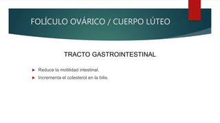 FOLÍCULO OVÁRICO / CUERPO LÚTEO
 Reduce la motilidad intestinal.
 Incrementa el colesterol en la bilis.
TRACTO GASTROINTESTINAL
 