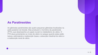As Paratireoides
As glândulas paratireoides são quatro pequenas glândulas localizadas na
parte posterior da tireoide. Elas produzem o hormônio da paratireoide
(PTH), que desempenha um papel crucial no metabolismo do cálcio. O
PTH atua aumentando os níveis de cálcio no sangue quando estes estão
baixos, estimulando a reabsorção óssea, a absorção intestinal de cálcio e
a reabsorção renal de cálcio.
9 - 15
 