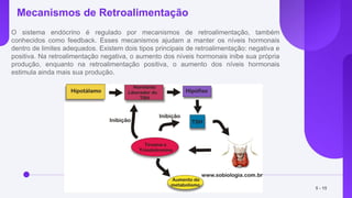 Mecanismos de Retroalimentação
O sistema endócrino é regulado por mecanismos de retroalimentação, também
conhecidos como feedback. Esses mecanismos ajudam a manter os níveis hormonais
dentro de limites adequados. Existem dois tipos principais de retroalimentação: negativa e
positiva. Na retroalimentação negativa, o aumento dos níveis hormonais inibe sua própria
produção, enquanto na retroalimentação positiva, o aumento dos níveis hormonais
estimula ainda mais sua produção.
5 - 15
 