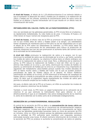 34
A nivel del hueso, el efecto de la 1,25-dihidroxivitamina D es indirecto debido a
que al aumentar la absorción de calcio y fosfato por al intestino y la reabsorción de
calcio y fosfato por los riñones, aumenta la concentración tanto de calcio como de
fosfato en el plasma y líquido extracelular con lo que resulta en un efecto neto de
mineralización del hueso.
METABOLISMO DEL CALCIO. PAPEL DE LA PARATOHORMONA (PTH)
Una vez secretada por las glándulas paratiroides, la PTH circula libre en el plasma y
es rápidamente metabolizada. Su vida media es de unos 4 minutos. El hueso y el
riñón tienen el mayor número de receptores para la PTH.
A nivel de hueso, el efecto neto de la PTH es promover la degradación de hueso
con lo que niveles altos de calcio y fosfato pasan a la sangre. Los osteoblastos
tienen receptores de membrana para la PTH pero no así los osteoclastos por lo que
el efecto de la PTH sobre los osteoclastos es indirecto. La PTH actúa sobre los
osteoblastos y los precursores de los osteoclastos para inducir la producción de
diversas citoquinas que son las que promueven el aumento tanto del número como
de la actividad de los osteoclastos.
A nivel del riñón promueve la reabsorción de calcio a la sangre, con lo que
disminuye la cantidad de calcio que es eliminada por la orina y, por tanto, aumenta
los niveles de calcio en plasma. La vitamina D activa tiene un efecto sinérgico con
la PTH en la reabsorción de calcio a nivel renal. Pero, a diferencia de la vitamina D
activa, la PTH reduce la reabsorción de fosfato a nivel del riñón con lo que se
elimina más fosfato en la orina y, por tanto, disminuyen los niveles de fosfato en
plasma. La eliminación de fosfato por la orina es un mecanismo muy importante de
regulación del metabolismo calcio-fosfato porque cuando hay niveles elevados de
PTH se libera mucho calcio y fosfato del hueso con lo que se pueden producir
precipitados de sales de fosfato cálcico en el plasma. Al inducir fosfaturia
(eliminación de fosfato en la orina), la PTH disminuye la formación de complejos de
fosfato cálcico e impide la precipitación de sales cuando se necesita movilización de
calcio. Es decir que el organismo regula exactamente los niveles de calcio pero
permite la variación amplia de los niveles de fosfato.
Así pues, el efecto neto de la PTH en el hueso y el riñón es aumentar los niveles de
calcio en plasma y disminuir los de fosfato.
También a nivel renal, la PTH tiene un papel fundamental en la activación de la
vitamina D ya que estimula la hidroxilación final para obtener la 1,25-
dihidroxivitamina D que es el metabolito más activo biológicamente de la vitamina
D, tanto de la obtenida con la dieta como de la sintetizada endógenamente.
SECRECIÓN DE LA PARATOHORMONA. REGULACIÓN
El control de la secreción de PTH se debe a la concentración de iones calcio en
el líquido extracelular. Se trata de un mecanismo de retroalimentación negativo
(feedback negativo). Incluso una ligera disminución de la concentración de calcio
hace que las glándulas paratiroides aumenten tanto su ritmo de secreción de PTH
en minutos, como su ritmo de síntesis porque las glándulas paratiroides contienen
solo la cantidad de PTH suficiente para mantener una respuesta secretora
estimulada durante unas horas. El efecto contrario (disminución de la síntesis y de
la secreción de PTH) se produce si aumenta la concentración de calcio en plasma,
 
