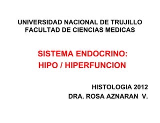 UNIVERSIDAD NACIONAL DE TRUJILLO
  FACULTAD DE CIENCIAS MEDICAS


     SISTEMA ENDOCRINO:
     HIPO / HIPERFUNCION

                   HISTOLOGIA 2012
             DRA. ROSA AZNARAN V.
 