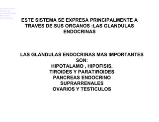 •la glándula tiroides
•las paratiroides
•el páncreas
•las suprarrenales
•los ovarios
•los testículos
                        ESTE SISTEMA SE EXPRESA PRINCIPALMENTE A
                         TRAVES DE SUS ORGANOS :LAS GLANDULAS
                                       ENDOCRINAS



                        LAS GLANDULAS ENDOCRINAS MAS IMPORTANTES
                                           SON:
                                  HIPOTALAMO , HIPOFISIS,
                                 TIROIDES Y PARATIROIDES
                                   PANCREAS ENDOCRINO
                                     SUPRARRENALES
                                  OVARIOS Y TESTICULOS
 