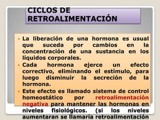 CICLOS DE
     RETROALIMENTACIÓN

   La liberación de una hormona es usual
    que    suceda     por    cambios    en    la
    concentración de una sustancia en los
    líquidos corporales.
   Cada     hormona      ejerce    un   efecto
    correctivo, eliminando el estímulo, para
    luego disminuir la secreción de la
    hormona.
   Este efecto es llamado sistema de control
    homeostático      por     retroalimentación
    negativa para mantener las hormonas en
    niveles fisiológicos. (si los niveles
    aumentaran se llamaría retroalimentación
 