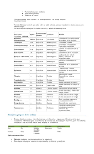  Aumenta frecuencia cardíaca
 Intercambio gaseoso
 Afluencia de sangre
Es inmediataaaaa y su “contraria” es la Noradrenalina, con Acción relajante
(neurotransmisor)
También fabrica el cortisol, que actúa sobre el tejido adiposo, sobre el metabolismo de las grasas para
obtener energía.
Y la aldosterona que Regula los niveles de sodio y potasio en sangre y orina
Principales
hormonas. Nombre
Siglas
Composición
química
Glándula Acción
Factores
hipotalámicos
diversas Peptídica Hipotálamo
Estimulación y/o inhibición de
la actividad de la Hipófisis.
Tirotropina TSH Peptídica Adenohipófisis Estimula el Tiroides
Adrenocorticotropa ACTH Peptídica Adenohipófisis
Estimula la corteza de las
cápsulas suprarrenales
Somatotropa STH Peptídica Adenohipófisis
General, actúa sobre todo el
organismo
Luteinizante LH Peptídica Adenohipófisis Estimulación de la ovulación
Folículo estimulante FSH Peptídica Adenohipófisis
Maduración del folículo
ovárico, formación de
espermatozoides
Prolactina ----- Peptídica Adenohipófis
Secreción de leche en las
mamas
Antidiurética ADH Peptídica Neurohipófisis
Regulación de la producción
de orina
Oxitocina ----- Peptídica Neurohipofisis
Contracciones uterinas,
producción de leche en las
mamas
Tiroxina ----- Peptídica Tiroides
Metabolismo celular.
Desarrollo del sistema
nervioso
Triyodotironina ----- Peptídica Tiroides General
Calcitonina ----- Peptídica Tiroides Niveles de calcio en sangre
Paratohormona ----- Peptídica Paratiroides
Niveles de calcio en sangre y
orina
Cortisol ----- Lipídica Corteza adrenal Metabolismo de las grasas
Aldosterona ----- Lipídica Corteza adrenal
Niveles de sodio y potasio en
sangre y orina
Insulina ----- Proteica Páncreas Niveles de azúcar en sangre
Glucagón ----- Proteica Páncreas Niveles de azúcar en sangre
Estrógenos ----- Lipídica Ovarios
Ciclo menstrual, caracteres
sexuales secundarios
Progesterona ----- Lipídica Ovarios Desarrollo del endometrio
Testosterona ----- Lipídica Testículos
Desarrollo de caracteres
sexuales secundarios,
formación de
espermatozoides.
Receptores y órganos de los sentidos
 Gracias al sistema nervioso nos relacionamos con el exterior y regulamos el funcionamiento, pero
necesitamos información para poder hacerlo. El cerebro está diseñado para movernos, pero necesitamos
información, que recibimos gracias a los órganos de los sentidos.
Estímulo Receptores SN Efectores Respuesta
Luz Ojo Médula-
Encéfalo
Músculos Visión
Sonido Oído Médula-
Encéfalo
Oído
Detectamos cambios
 Estímulo: cualquier cambio detectado por el organismo
 Receptores: células del organismo especializadas en detectar un estímulo
 