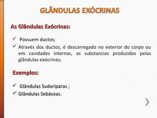 AAss GGllâânndduullaass EExxóóccrriinnaass:: 
 Possuem ductos; 
 Através dos ductos, é descarregado no exterior do corpo ou 
em cavidades internas, as substancias produzidas pelas 
glândulas exócrinas; 
EExxeemmppllooss:: 
 GGllâânndduullaass SSuuddoorrííppaarraass ;; 
 GGllâânndduullaass SSeebbáácceeaass.. 
 