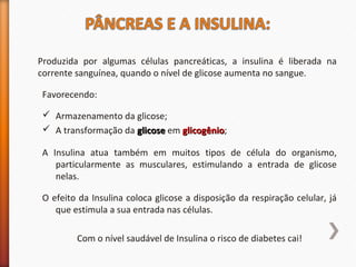 Produzida por algumas células pancreáticas, a insulina é liberada na 
corrente sanguínea, quando o nível de glicose aumenta no sangue. 
Favorecendo: 
 Armazenamento da glicose; 
 A transformação da gglliiccoossee em gglliiccooggêênniioo; 
A Insulina atua também em muitos tipos de célula do organismo, 
particularmente as musculares, estimulando a entrada de glicose 
nelas. 
O efeito da Insulina coloca glicose a disposição da respiração celular, já 
que estimula a sua entrada nas células. 
Com o nível saudável de Insulina o risco de diabetes cai! 
 