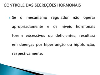 CONTROLE DAS SECREÇÕES HORMONAIS
 Se o mecanismo regulador não operar
apropriadamente e os níveis hormonais
forem excessivos ou deficientes, resultará
em doenças por hiperfunção ou hipofunção,
respectivamente.
 