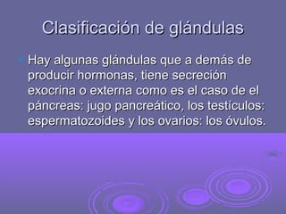 Clasificación de glándulasClasificación de glándulas
 Hay algunas glándulas que a demás deHay algunas glándulas que a demás de
producir hormonas, tiene secreciónproducir hormonas, tiene secreción
exocrina o externa como es el caso de elexocrina o externa como es el caso de el
páncreas: jugo pancreático, los testículos:páncreas: jugo pancreático, los testículos:
espermatozoides y los ovarios: los óvulos.espermatozoides y los ovarios: los óvulos.
 
