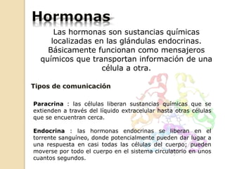 Las hormonas son sustancias químicas
localizadas en las glándulas endocrinas.
Básicamente funcionan como mensajeros
químicos que transportan información de una
célula a otra.
Paracrina : las células liberan sustancias químicas que se
extienden a través del líquido extracelular hasta otras células
que se encuentran cerca.
Endocrina : las hormonas endocrinas se liberan en el
torrente sanguíneo, donde potencialmente pueden dar lugar a
una respuesta en casi todas las células del cuerpo; pueden
moverse por todo el cuerpo en el sistema circulatorio en unos
cuantos segundos.
 
