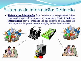 Sistemas de Informação: Definição
• Sistema de Informação é um conjunto de componentes inter-
relacionados que coleta, armazena, processa e distribui dados e
informações com a finalidade de dar suporte às atividades de
uma organização (planejamento, direção, execução e controle)
 