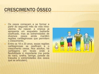 CRESCIMENTO ÓSSEO

   Os ossos começam a se formar a
    partir do segundo mês da vida intra-
    uterina. Ao nascer, a criança já
    apresenta um esqueleto bastante
    ossificado, mas as extremidades de
    diversos ossos ainda mantêm
    regiões cartilaginosas que permitem
    o crescimento.
   Entre os 18 e 20 anos, essas regiões
    cartilaginosas se ossificam e o
    crescimento cessa. Nos adultos, há
    cartilagens em locais onde a
    flexibilidade é importante (na ponta
    do nariz, orelha, laringe, parede da
    traquéia e extremidades dos ossos
    que se articulam).
 
