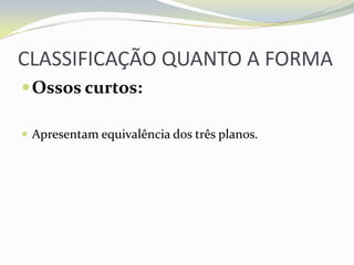CLASSIFICAÇÃO QUANTO A FORMA
 Ossos curtos:

 Apresentam equivalência dos três planos.
 