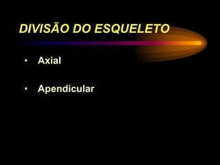 DIVISÃO DO ESQUELETO
• Axial
• Apendicular
 