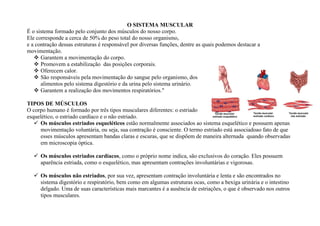 O SISTEMA MUSCULAR
É o sistema formado pelo conjunto dos músculos do nosso corpo.
Ele corresponde a cerca de 50% do peso total do nosso organismo,
e a contração dessas estruturas é responsável por diversas funções, dentre as quais podemos destacar a
movimentação.
 Garantem a movimentação do corpo.
 Promovem a estabilização das posições corporais.
 Oferecem calor.
 São responsáveis pela movimentação do sangue pelo organismo, dos
alimentos pelo sistema digestório e da urina pelo sistema urinário.
 Garantem a realização dos movimentos respiratórios."
TIPOS DE MÚSCULOS
O corpo humano é formado por três tipos musculares diferentes: o estriado
esquelético, o estriado cardíaco e o não estriado.
 Os músculos estriados esqueléticos estão normalmente associados ao sistema esquelético e possuem apenas
movimentação voluntária, ou seja, sua contração é consciente. O termo estriado está associadoao fato de que
esses músculos apresentam bandas claras e escuras, que se dispõem de maneira alternada quando observadas
em microscopia óptica.
 Os músculos estriados cardíacos, como o próprio nome indica, são exclusivos do coração. Eles possuem
aparência estriada, como o esquelético, mas apresentam contrações involuntárias e vigorosas.
 Os músculos não estriados, por sua vez, apresentam contração involuntária e lenta e são encontrados no
sistema digestório e respiratório, bem como em algumas estruturas ocas, como a bexiga urinária e o intestino
delgado. Uma de suas características mais marcantes é a ausência de estriações, o que é observado nos outros
tipos musculares.
 