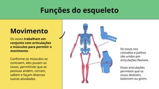 Movimento
Funções do esqueleto
Os ossos nos
cotovelos e joelhos
são unidos por
articulações flexíveis.
Essas articulações
permitem que os
ossos deslizem,
balancem ou girem.
Os ossos trabalham em
conjunto com articulações
e músculos para permitir o
movimento.
Conforme os músculos se
contraem, eles puxam os
ossos, permitindo que as
pessoas andem, corram,
saltem e façam diversas
outras atividades.
 