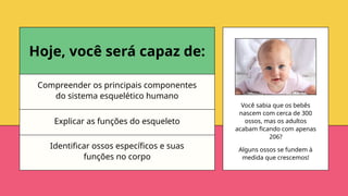 Você sabia que os bebês
nascem com cerca de 300
ossos, mas os adultos
acabam ficando com apenas
206?
Alguns ossos se fundem à
medida que crescemos!
Compreender os principais componentes
do sistema esquelético humano
Identificar ossos específicos e suas
funções no corpo
Explicar as funções do esqueleto
Hoje, você será capaz de:
 