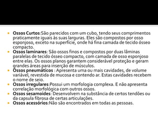  Ossos Curtos:São parecidos com um cubo, tendo seus comprimentos
praticamente iguais às suas larguras. Eles são compostos por osso
esponjoso, exceto na superfície, onde há fina camada de tecido ósseo
compacto.
 Ossos laminares: São ossos finos e compostos por duas lâminas
paralelas de tecido ósseo compacto, com camada de osso esponjoso
entre elas. Os ossos planos garantem considerável proteção e geram
grandes áreas para inserção de músculos.
 Ossos pneumáticos : Apresenta uma ou mais cavidades, de volume
variável, revestida de mucosa e contendo ar. Estas cavidades recebem
o nome de seio.
 Ossos irregulares:Possui um morfologia complexa. E não apresenta
correlação morfológica com outros ossos.
 Ossos sesamoides: Desenvolvem na substância de certos tendões ou
da capsula fibrosa de certas articulações.
 Ossos acessórios:Não são encontrados em todas as pessoas.
 