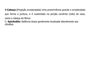 B-Cabeça:(Projeção arredondada) Uma proeminência grande e arredondada
que forma a juntura, e é sustentada na porção constrita (colo) do osso,
como a cabeça do fêmur.
C- Epicôndilo: Saliência óssea geralmente localizada lateralmente aos
côndilos.
 