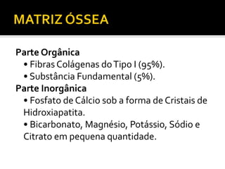 Parte Orgânica
• Fibras Colágenas doTipo I (95%).
• Substância Fundamental (5%).
Parte Inorgânica
• Fosfato de Cálcio sob a forma de Cristais de
Hidroxiapatita.
• Bicarbonato, Magnésio, Potássio, Sódio e
Citrato em pequena quantidade.
 