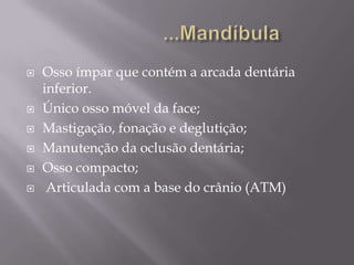    Osso ímpar que contém a arcada dentária
    inferior.
   Único osso móvel da face;
   Mastigação, fonação e deglutição;
   Manutenção da oclusão dentária;
   Osso compacto;
    Articulada com a base do crânio (ATM)
 