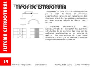TIPOS DE ESTRUCTURATIPOS DE ESTRUCTURA
.- SISTEMAS DE MUROS: Es un sistema construido
por la unión de muros en direcciones
perpendiculares y presenta gran rigidez lateral. Este
sistema es uno de los mas usados en edificaciones
en zonas sísmicas. Además en domos, cilos y
tanques.
.- SISTEMAS COMBINADOS PARA
EDIFICACIONES: Se aprovechan las cualidades
estructurales de los elementos tipo muro con las
cualidades arquitectónicas de los sistemas de
pórticos. Las características de rigidez lateral
también se pueden lograr por medio de riostras que
trabajan como elementos tipo cercha.
L4
SISTEMAESTRUCTURAL
Politécnico Santiago Mariño – Extensión Barinas Prof: Arq. Zhedily Guedez Alumno: Yoryvict Díaz
 