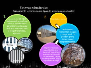 Sistemas estructurales.
Básicamente tenemos cuatro tipos de sistemas estructurales:
Autosoportantes: Es aquel
sistema estructural que
tiene la propiedad de
garantizar que la carga
aplicada sea soportada
y luego transmitida,
ejemplo:
Torres
. Puentes.
Columnas
.
Reticulados o marcos:
Articulados:
Transmiten fuerzas
y carga axial, no
pueden girar y
tienen mayor
desplazamientos.
Rígidos: Tienen la
capacidad de girar y
transmitir momentos,
además de transmitir
los cortantes y cargas
axiales por tener mayor
capacidad de carga.
1. 2.
 