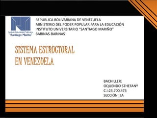 REPUBLICA BOLIVARIANA DE VENEZUELA
MINISTERIO DEL PODER POPULAR PARA LA EDUCACIÓN
INSTITUTO UNIVERSITARIO “SANTIAGO MARIÑO”
BARINAS-BARINAS
BACHILLER:
OQUENDO STHEFANY
C.I:23.700.473
SECCIÓN: ZA
 