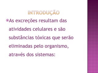As excreções resultam das atividades celulares e são substâncias tóxicas que serão eliminadas pelo organismo, através dos sistemas: 