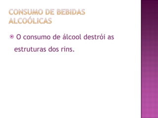 O consumo de álcool destrói as estruturas dos rins. 