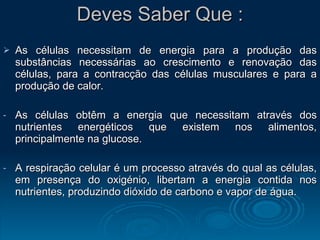 Deves Saber Que : As células necessitam de energia para a produção das substâncias necessárias ao crescimento e renovação das células, para a contracção das células musculares e para a produção de calor. As células obtêm a energia que necessitam através dos nutrientes energéticos que existem nos alimentos, principalmente na glucose. A respiração celular é um processo através do qual as células, em presença do oxigénio, libertam a energia contida nos nutrientes, produzindo dióxido de carbono e vapor de água. 